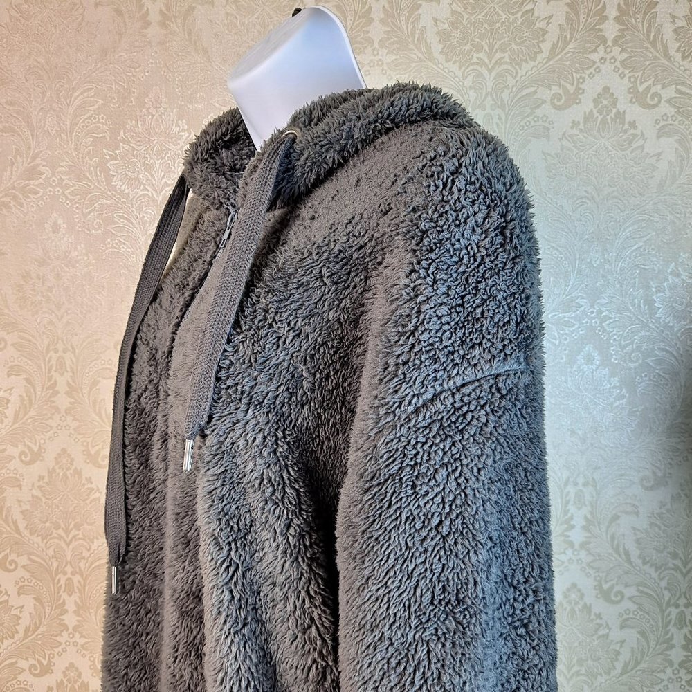Gray Teddy Bear Hoodie Size Large 1/4 Zip Side Pockets Fuzzy Drawstring Hood EUC - Picture 6 of 11